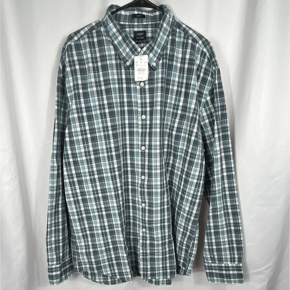 J.CREW Men's 2XL Long Sleeve Classic Fit Plaid Woven Button-Up Green/Blue/White
